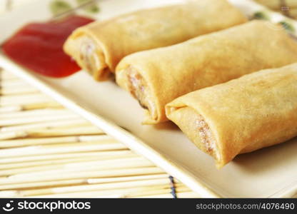 Close up of crispy egg rolls