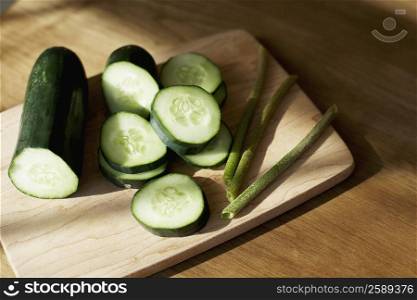 Close-up of cucumber slices on a cutting board