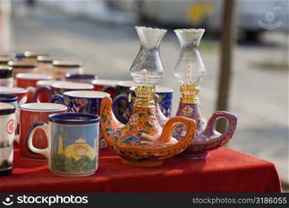 Close-up of cups and lamps on a table, Istanbul, Turkey