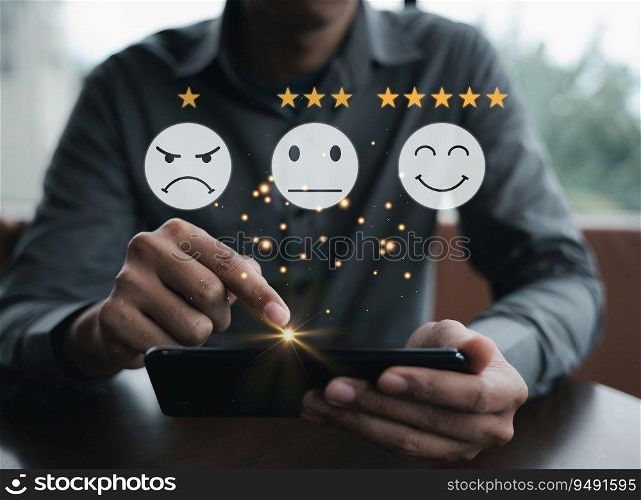 Close-up of customer&rsquo;s hand rating service with 5-star feedback icon on smartphone. Online survey, review and satisfaction concept for business success