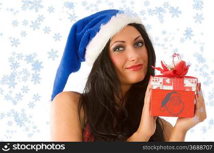 close up of cute brunette with gift box and blue christmas hat