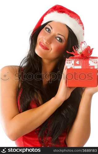 close up of cute brunette with gift box and christmas hat looking in camera