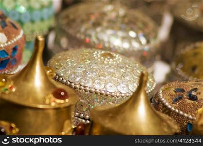 Close-up of decorative metal boxes, Jaisalmer, Rajasthan, India