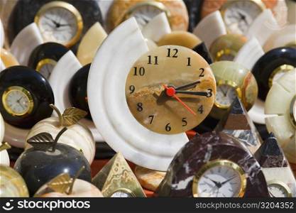 Close-up of decorative table clocks for sale, Ephesus, Turkey