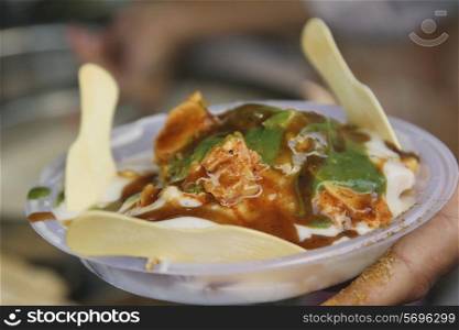 Close-up of delicious papri chat