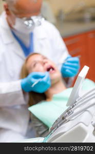 Close-up of dental equipment at surgery office patient and dentist