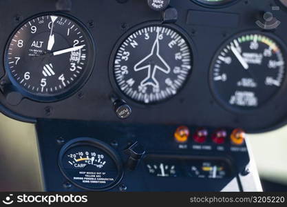 Close-up of dial gauges of an airplane