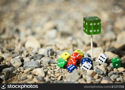Close-up of dice on pebbles, Las Vegas, Nevada, USA