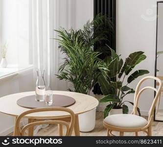 Close up of dining table near window and green plants in pots, home interior, 3d rendering