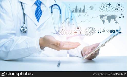 Close up of Doctor is showing medical analytics data, Medical technology concept