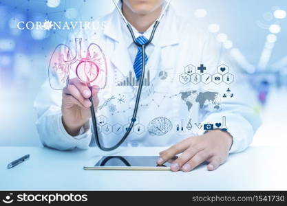 Close up of Doctor is showing medical analytics data of Coronavirus (Covid-19), Medical technology concept