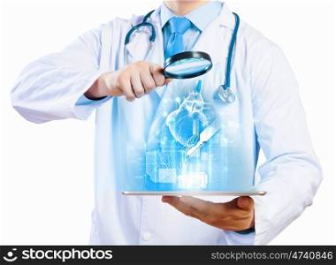 Close up of doctor's body holding tablet pc with media illustration