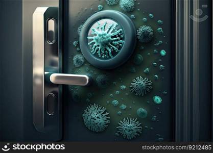 close-up of door handle, with visible bacteria and germs, created with generative ai. close-up of door handle, with visible bacteria and germs