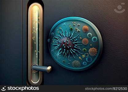 close-up of door handle, with visible bacteria and germs, created with generative ai. close-up of door handle, with visible bacteria and germs