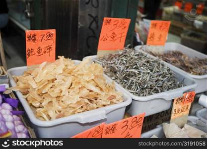 Close-up of dry fish in a fish market