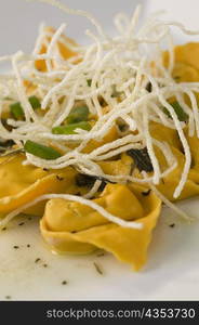 Close-up of dumplings with noodles in a plate