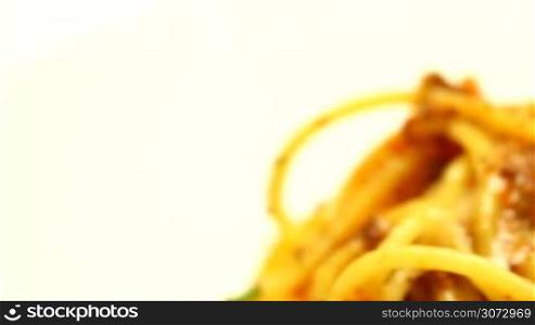 Close up of eating of pasta carbonara