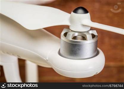 Close-up of electric motor and propeller of a quadcopter drone