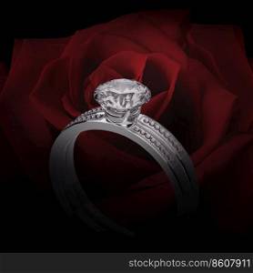 Close up of elegant diamond ring on background of beautiful red rose