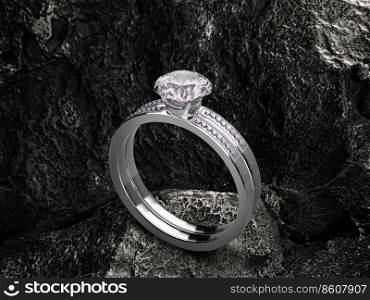 Close up of elegant diamond ring on black coal background