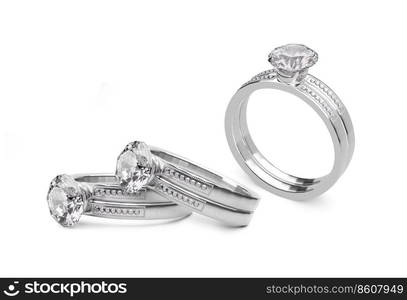 Close up of elegant diamond ring on white background. 3D render