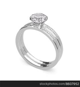 Close up of elegant diamond ring on white background. 3D render
