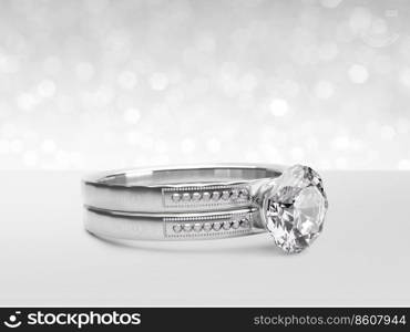 Close up of elegant diamond ring on white shining bokeh background. concept for chossing best diamond gem design. 3d render