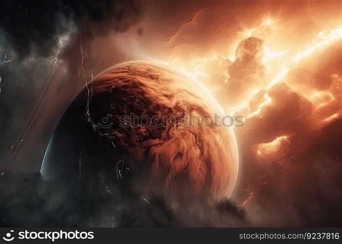 close-up of exoplanet, with turbulent clouds and lightning visible in the atmosphere, created with generative ai. close-up of exoplanet, with turbulent clouds and lightning visible in the atmosphere