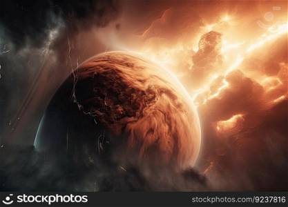 close-up of exoplanet, with turbulent clouds and lightning visible in the atmosphere, created with generative ai. close-up of exoplanet, with turbulent clouds and lightning visible in the atmosphere