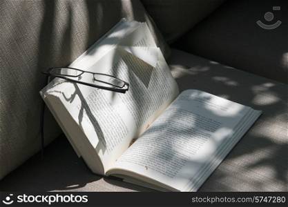 Close-up of eyeglasses on a book, Lake of The Woods, Ontario, Canada
