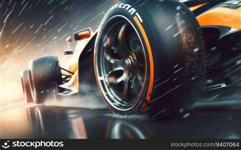 Close-Up of F1 Car Wheel in Misty Rain. Generative ai. High quality illustration. Close-Up of F1 Car Wheel in Misty Rain. Generative ai