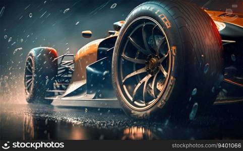 Close-Up of F1 Car Wheel in Misty Rain. Generative ai. High quality illustration. Close-Up of F1 Car Wheel in Misty Rain. Generative ai