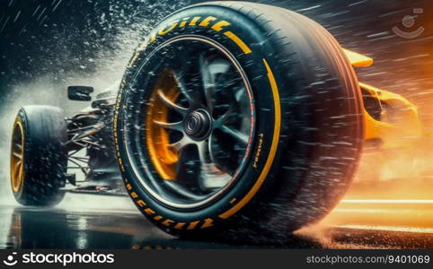 Close-Up of F1 Car Wheel in Misty Rain. Generative ai. High quality illustration. Close-Up of F1 Car Wheel in Misty Rain. Generative ai