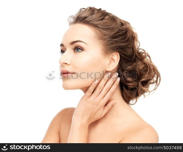 close up of face and hands of beautiful woman. face and hands of beautiful woman