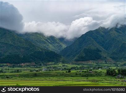 Close up of Fansipan mountain hills valley with forest and fog cloud at sunset. Panoramic view at Sapa, Vietnam. Natural landscape background.