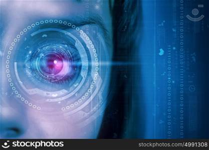 Close up of female digital eye with security scanning concept. Person identification