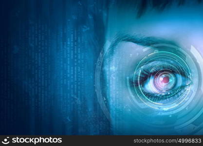 Close up of female digital eye with security scanning concept. Person identification