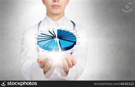 Close up of female doctor holding diagram in hands. Statistics pie in hands of doctor