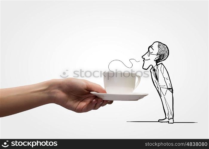 Close up of female hand offering coffee to boss