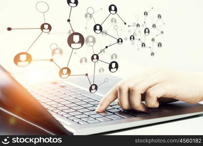 Close up of female hands working on computer keyboard. Woman typing on keyboard