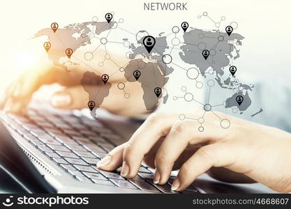 Close up of female hands working on computer keyboard. Woman typing on keyboard