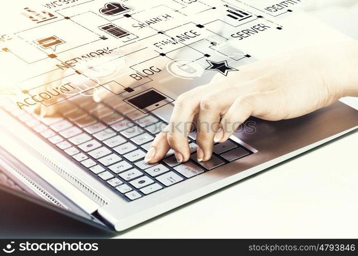 Close up of female hands working on computer keyboard. Woman typing on keyboard