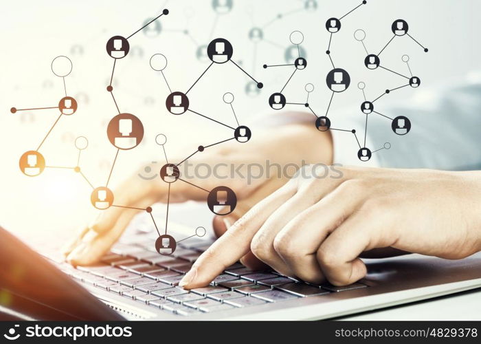 Close up of female hands working on computer keyboard. Woman typing on keyboard