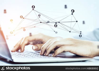 Close up of female hands working on computer keyboard. Woman typing on keyboard