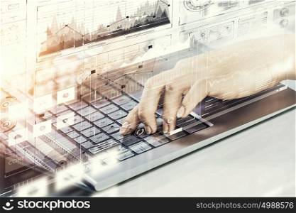 Close up of female hands working on computer keyboard. Woman typing on keyboard