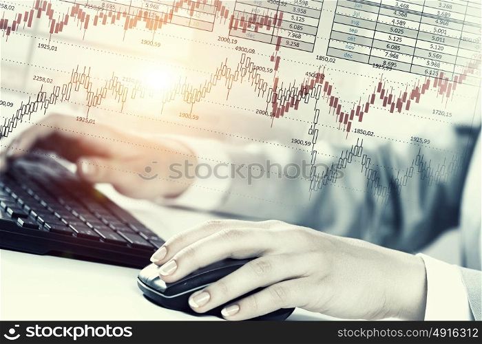 Close up of female hands working on computer keyboard. Woman use black keyboard