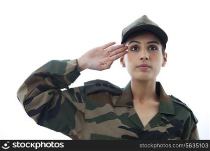Close-up of female soldier saluting