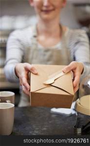 Close Up Of Female Worker in Cafe Serving Meal In Sustainable Recyclable Packaging With Wooden Fork