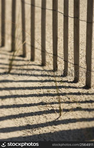 Close-up of fence and shadows on beach on Bald Head Island, North Carolina.