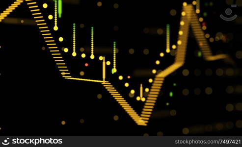 Close up of financial business chart with diagrams and stock numbers showing uptrend and downtrend .